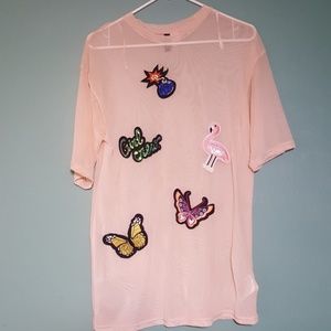 Pink mesh over sized top with patches
